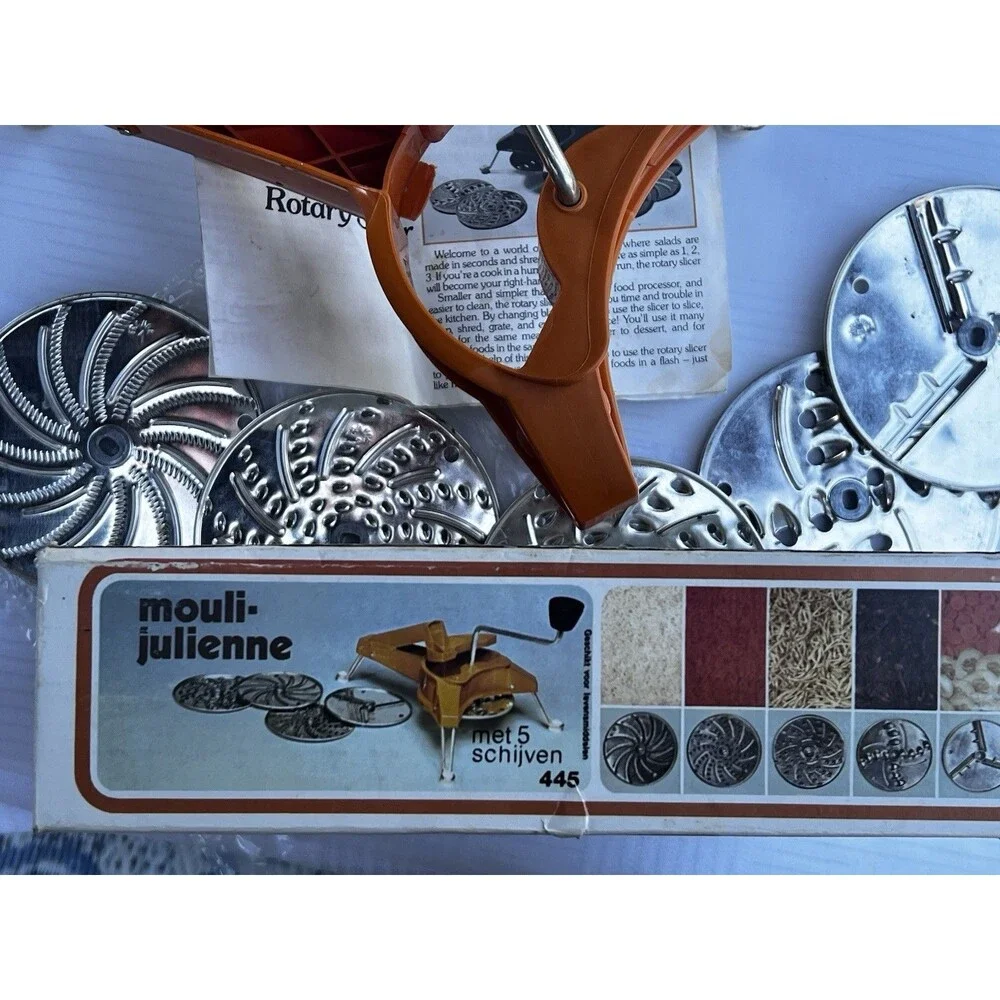 Vintage Mouli Julienne 445 Rotary Grater Slicer 5 Discs Box Made France Complete